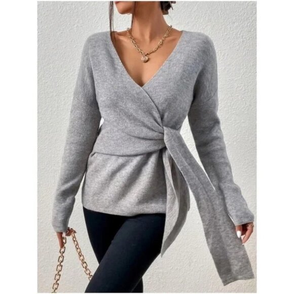 Cozy Gray Side Knot Sweater Top minimalist casual womens - Picture 8 of 8